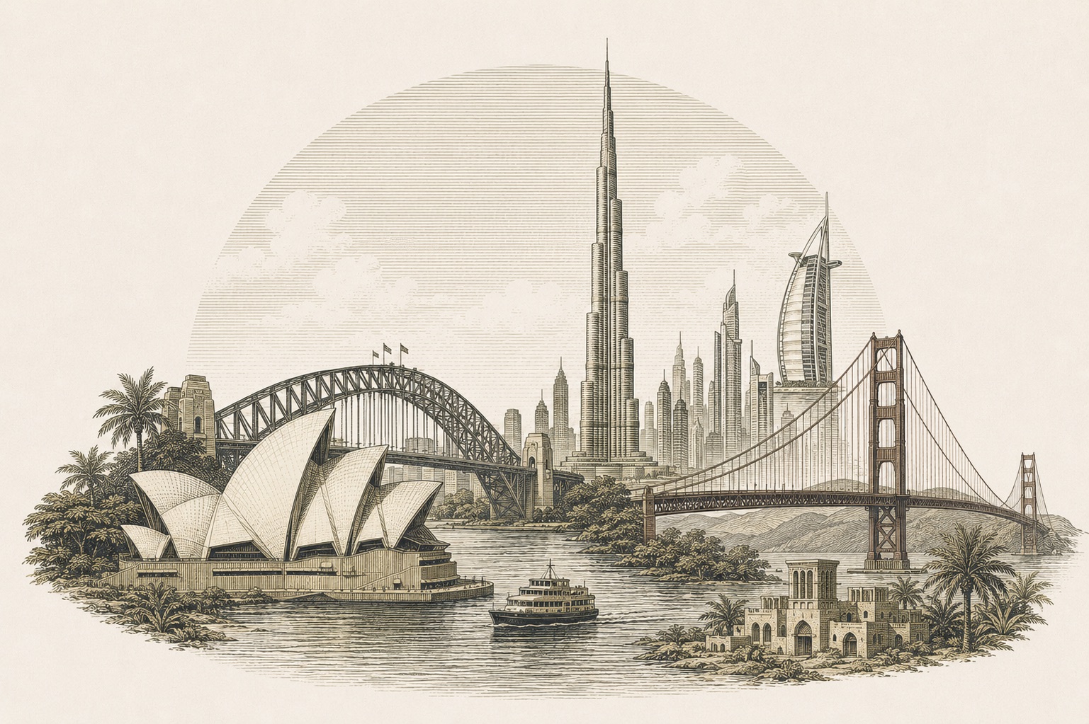 Engraved illustration of landmarks from Cotrugli's markets: the Sydney Opera House and Harbour Bridge, the Burj Khalifa and Burj Al Arab, and the Golden Gate Bridge